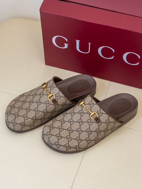 Gucci Brown Monogram Slides with Gold Accent - Picture 3 of 3